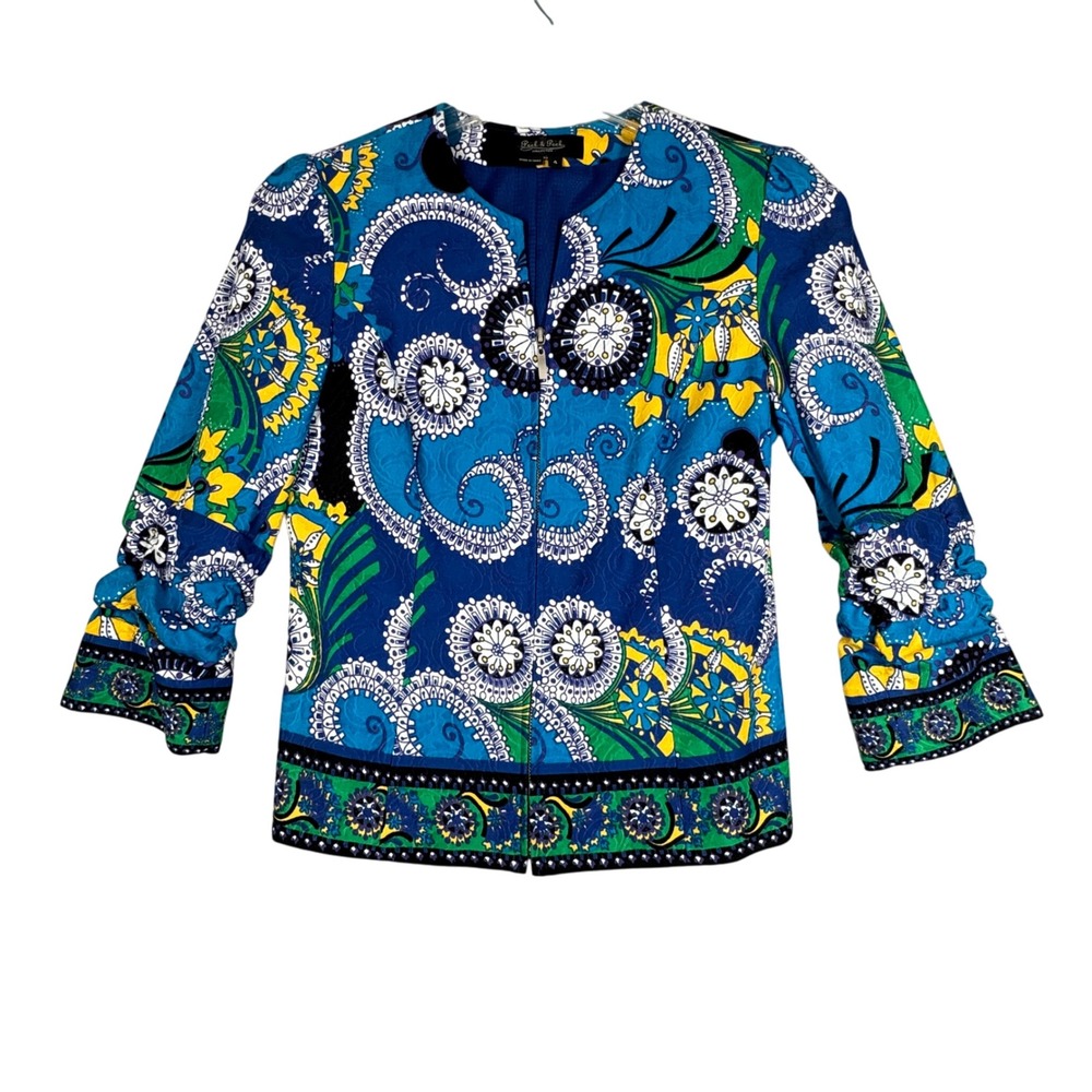 Peck & Peck Jacket Blue Yellow Mod Floral Print Ruched Sleeve Full Zip Size 4‎